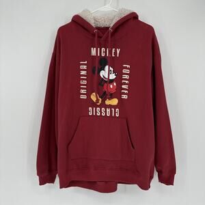 Disney Mickey Mouse Hoodie Mens XL Red Sherpa Lined Classic Pullover Sweatshirt